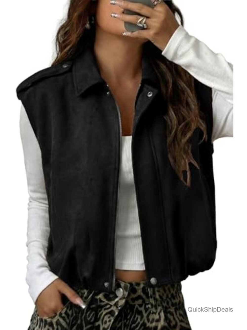 Faux Suede Sleeveless Vest Oversized Cropped Western Jacket